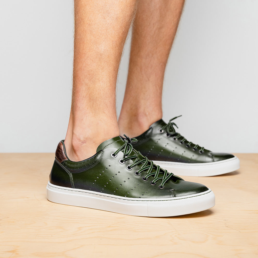 Zelli Russo Burnished Calfskin and Crocodile Luxury Sneakers in Olive