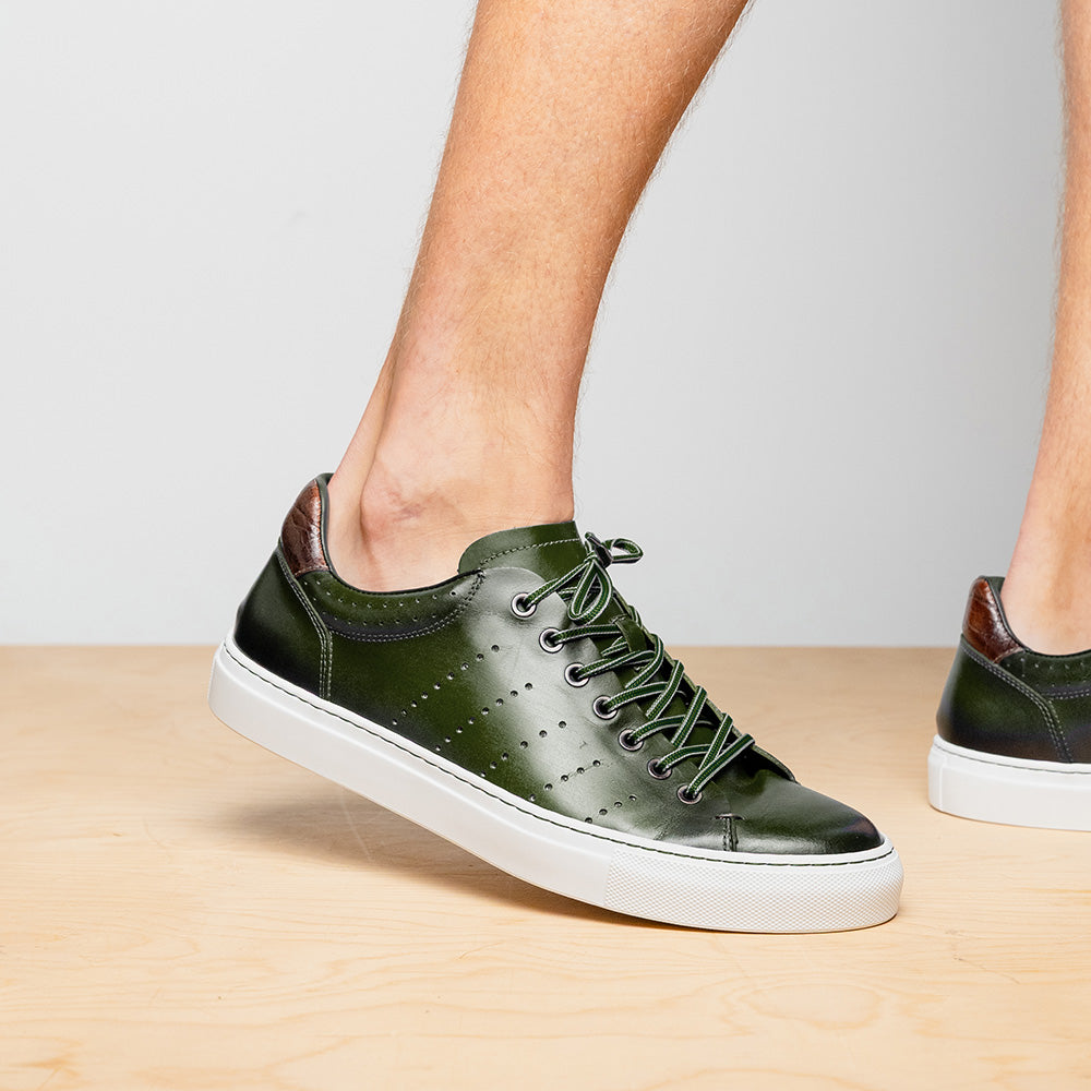 Zelli Russo Burnished Calfskin and Crocodile Luxury Sneakers in Olive