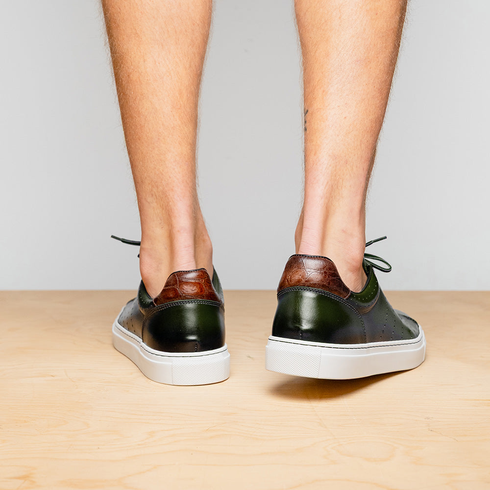 Zelli Russo Burnished Calfskin and Crocodile Luxury Sneakers in Olive