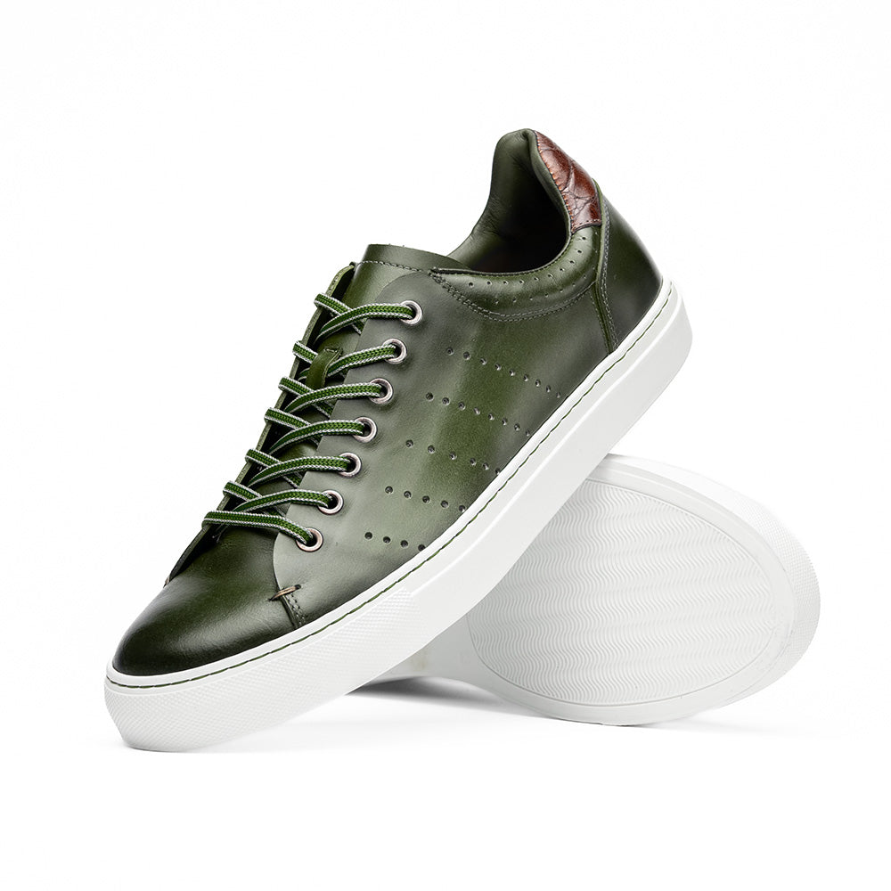 Zelli Russo Burnished Calfskin and Crocodile Luxury Sneakers in Olive