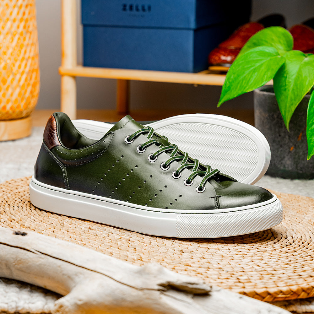 Zelli Russo Burnished Calfskin and Crocodile Luxury Sneakers in Olive