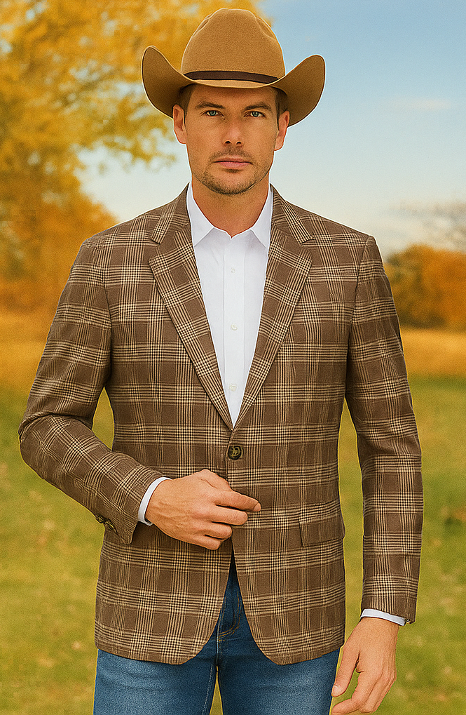 Saco vaquero - Western Sport Coat - Western Blazer - Abrigo deportivo de cuadros Glen marrón claro informal de negocios de corte entallado para hombre