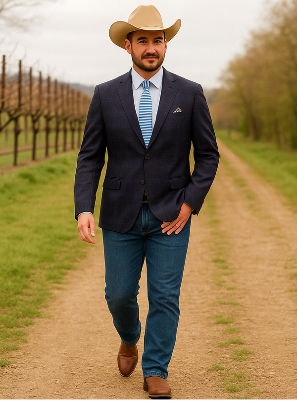 Western Blazer - Saco vaquero - Western Sport Coat - Western Blazer- Mens Two Button Classic  Wool Stretch Sport Coat Blazer In Dark Navy Blue Windowpane Plaid