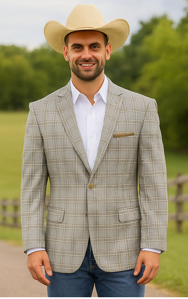 Saco vaquero - Chaqueta deportiva estilo western - Blazer estilo western - Chaqueta deportiva gris a cuadros con dos botones para hombre