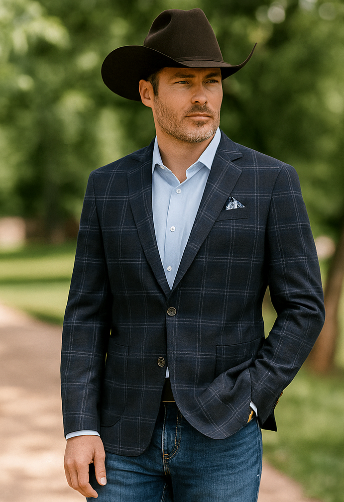 Saco vaquero - Chaqueta deportiva estilo western - Blazer estilo western - Blazer de algodón con bolsillos de parche y corte ajustado de dos botones para hombre en azul marino