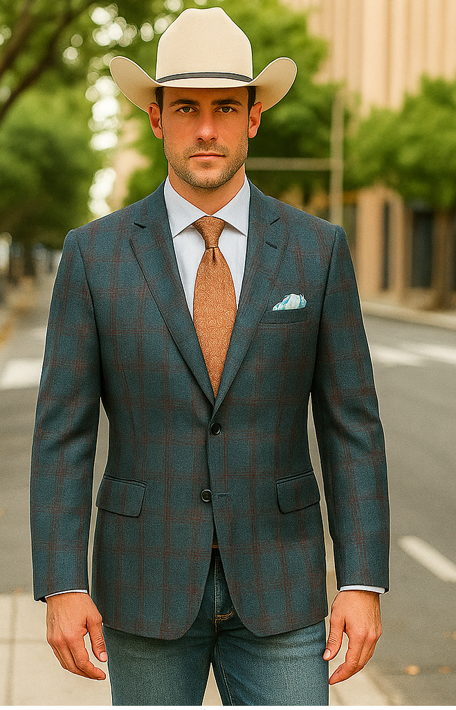 Saco vaquero - Abrigo deportivo estilo western - Blazer estilo western - Abrigo deportivo estilo western de corte clásico para hombre, de lana y lino, con dos botones, a cuadros de color azul verdoso