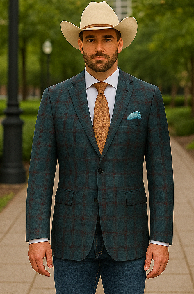 Saco vaquero - Abrigo deportivo estilo western - Blazer estilo western - Blazer deportivo clásico de dos botones de lana y lino para hombre en cuadros escoceses de color azul verdoso