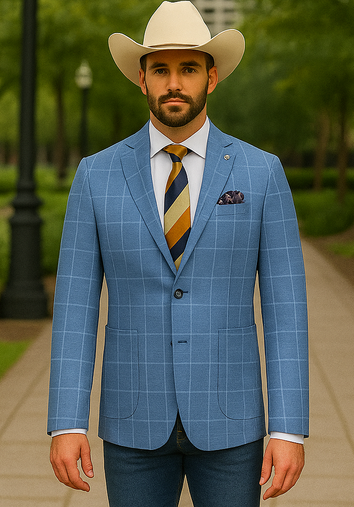 Saco vaquero - Chaqueta deportiva estilo western - Blazer estilo western - Chaqueta deportiva sin estructura de lona de media capa para hombre en cuadros de ventana de color azul claro