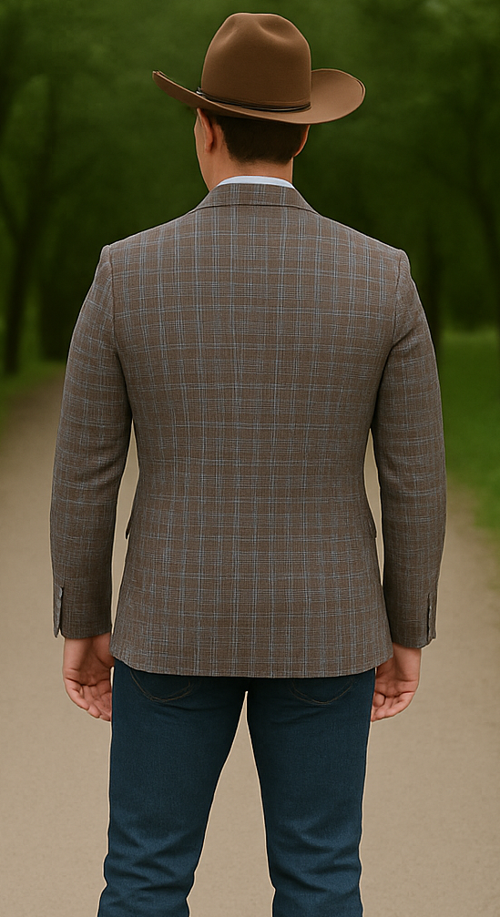 Saco vaquero - Western Sport Coat - Western Blazer - Mens Slim Fit Two Button Patch Pocket Cotton Blazer In Tan & Burgundy Wi