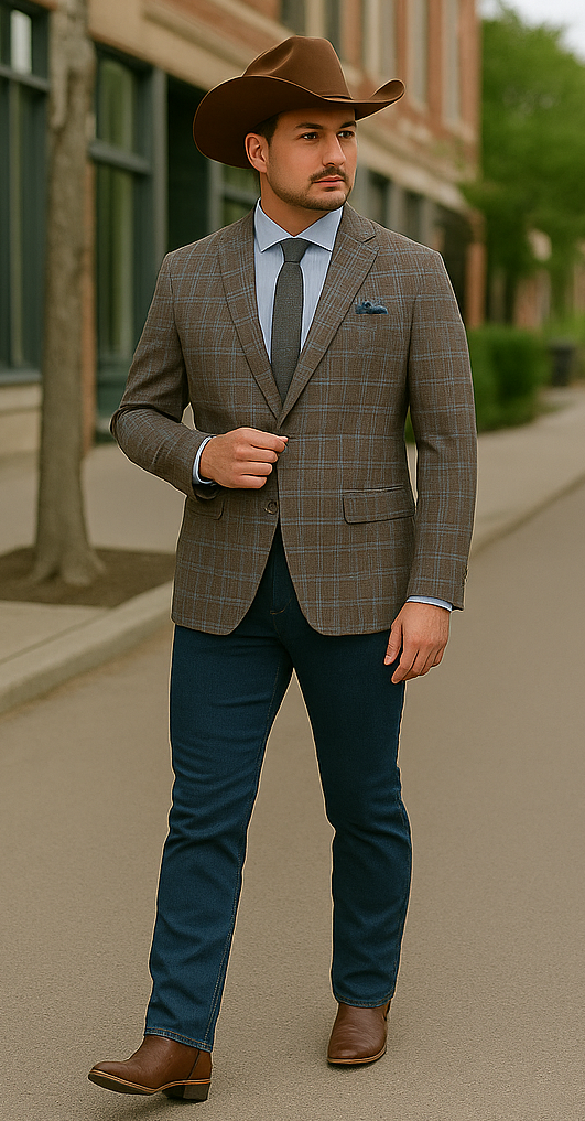 Saco vaquero - Western Sport Coat - Western Blazer - Mens Slim Fit Two Button Patch Pocket Cotton Blazer In Tan & Burgundy Wi