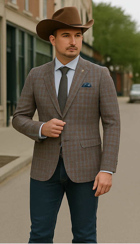 Saco vaquero - Western Sport Coat - Western Blazer - Mens Slim Fit Two Button Patch Pocket Cotton Blazer In Tan & Burgundy Wi
