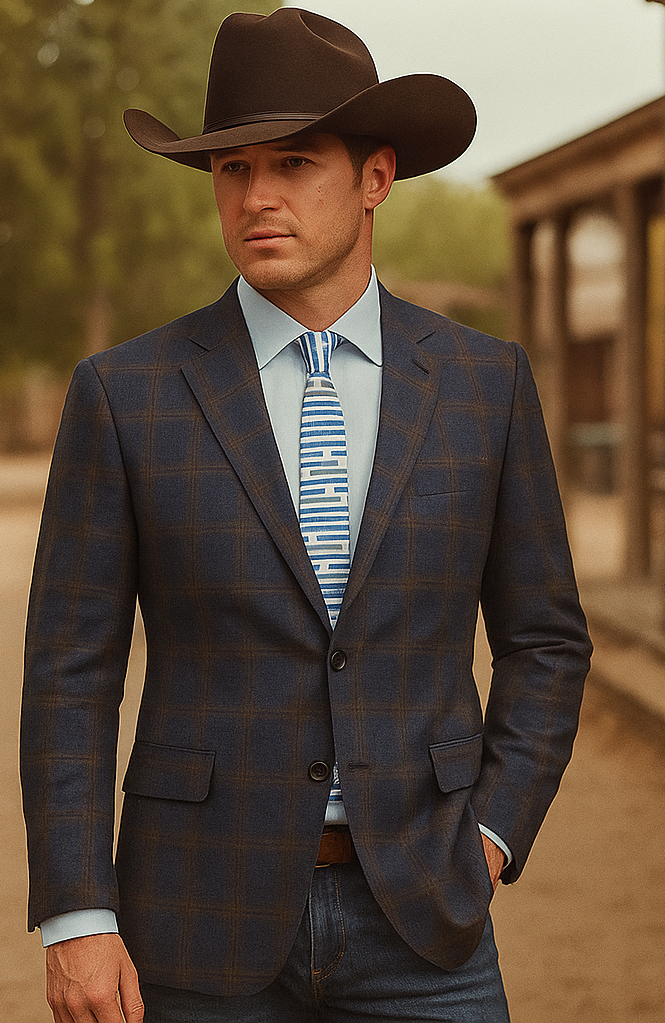 Saco vaquero - Chaqueta deportiva estilo western - Blazer estilo western - Chaqueta deportiva de dos botones de corte entallado para hombre en cuadros escoceses azul marino y dorado