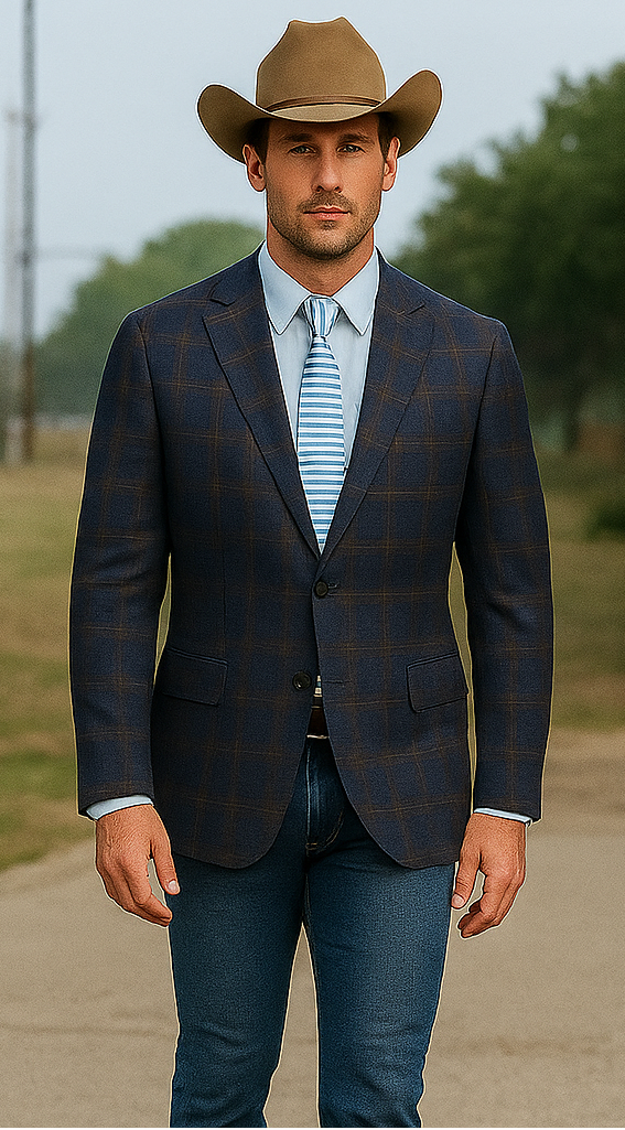 Saco vaquero - Western Sport Coat - Western Blazer - Mens Slim Fit Two Button Sport Coat Blazer Navy Blue & Gold Windowpane P
