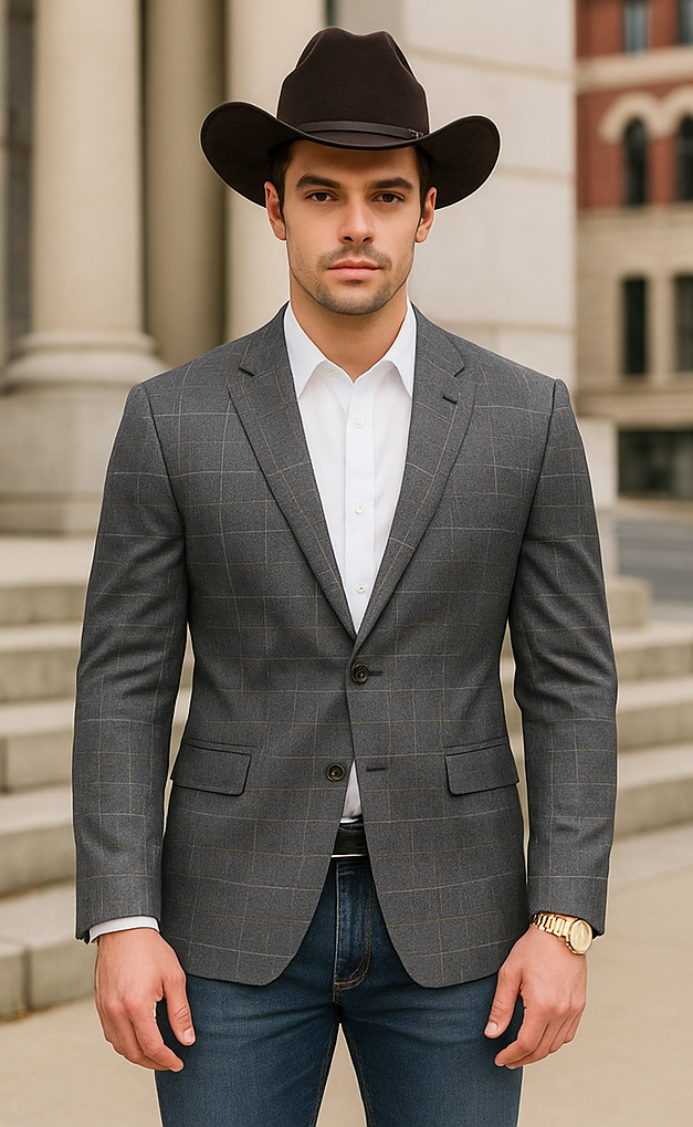 Saco vaquero - Chaqueta deportiva estilo western - Blazer estilo western - Chaqueta deportiva de cuadros con dos botones y corte entallado para hombre en gris carbón