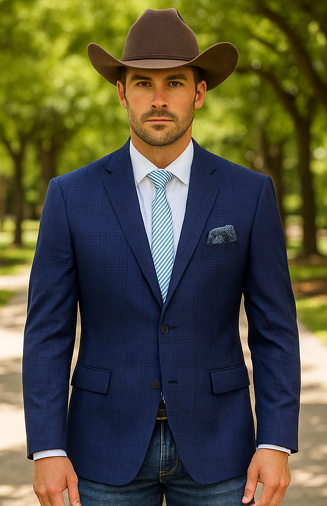 Saco vaquero - Chaqueta deportiva estilo western - Blazer estilo western - Chaqueta deportiva clásica de dos botones para hombre con cuadros escoceses de color azul marino oscuro