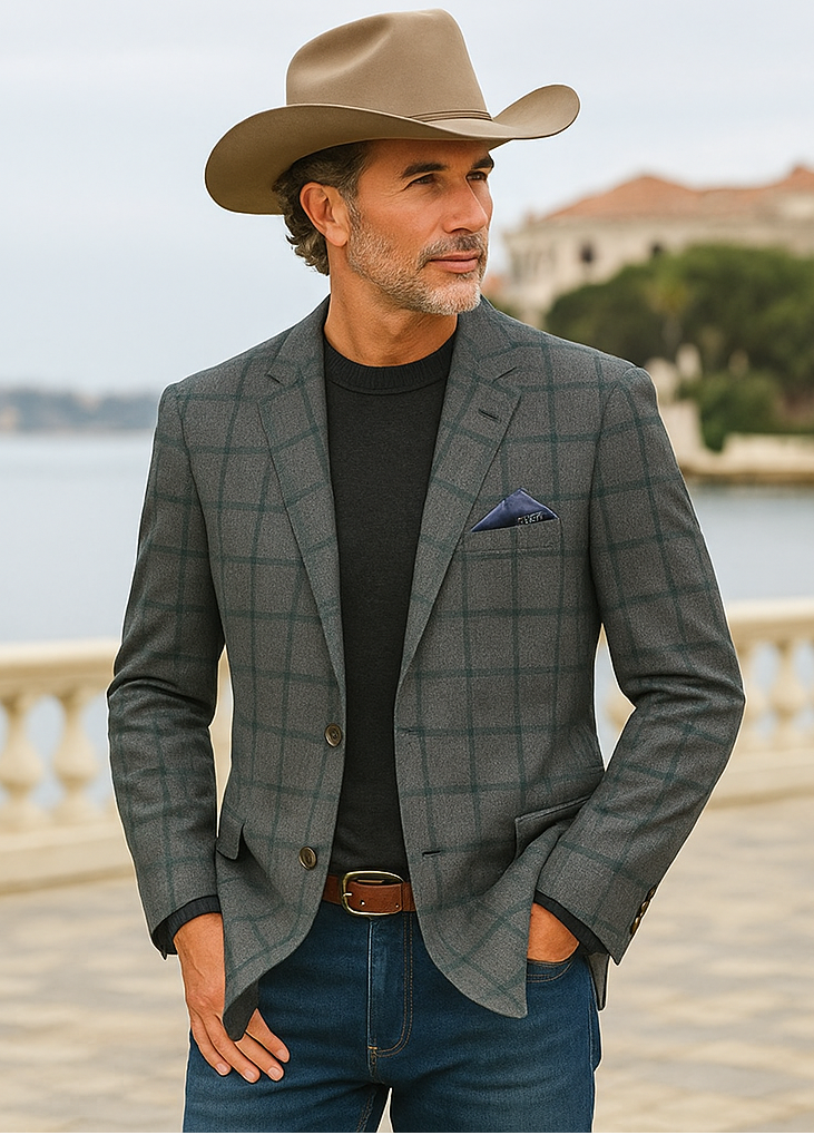 Saco vaquero - Chaqueta deportiva estilo western - Blazer estilo western - Chaqueta deportiva clásica de lana con dos botones para hombre en cuadros escoceses de color marrón y verde oliva