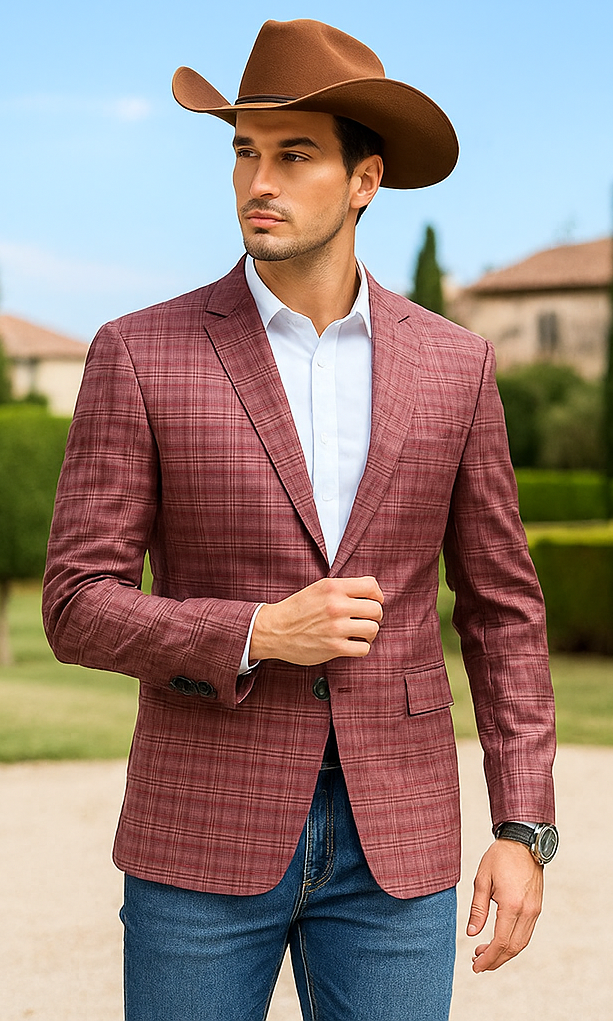 Saco vaquero - Western Sport Coat - Western Blazer  - Men's Two Button Regular Fit Windowpane Mauve Plaid Sport Coat Blazer