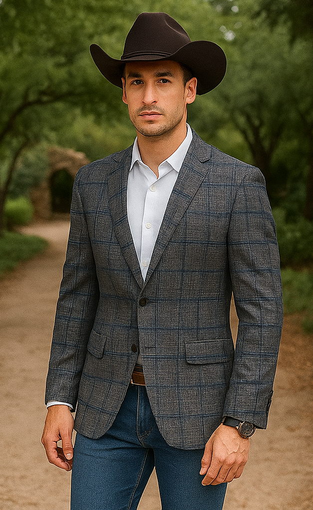 Saco vaquero - Chaqueta deportiva estilo western - Blazer estilo western - Chaqueta deportiva de corte entallado con dos botones y cuadros escoceses en gris carbón para hombre