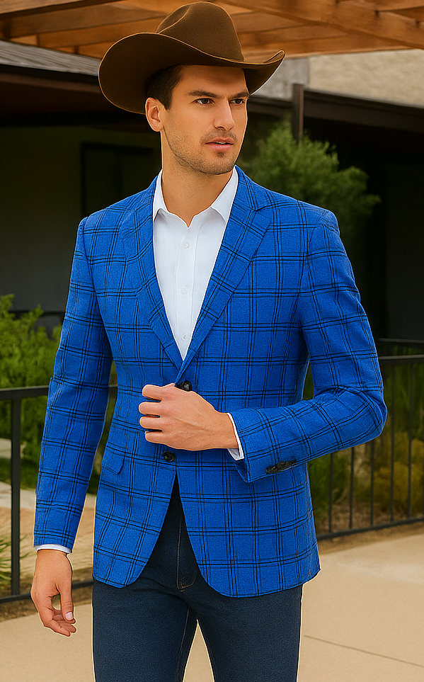 Saco vaquero - Chaqueta deportiva estilo western - Blazer estilo western - Chaqueta deportiva tipo blazer de cuadros escoceses Glen de corte ajustado con dos botones para hombre en azul real