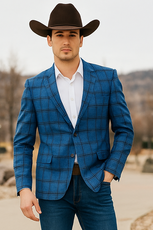 Saco vaquero - Chaqueta deportiva estilo western - Blazer estilo western - Chaqueta deportiva tipo blazer con cuadros Glen y corte ajustado de dos botones para hombre