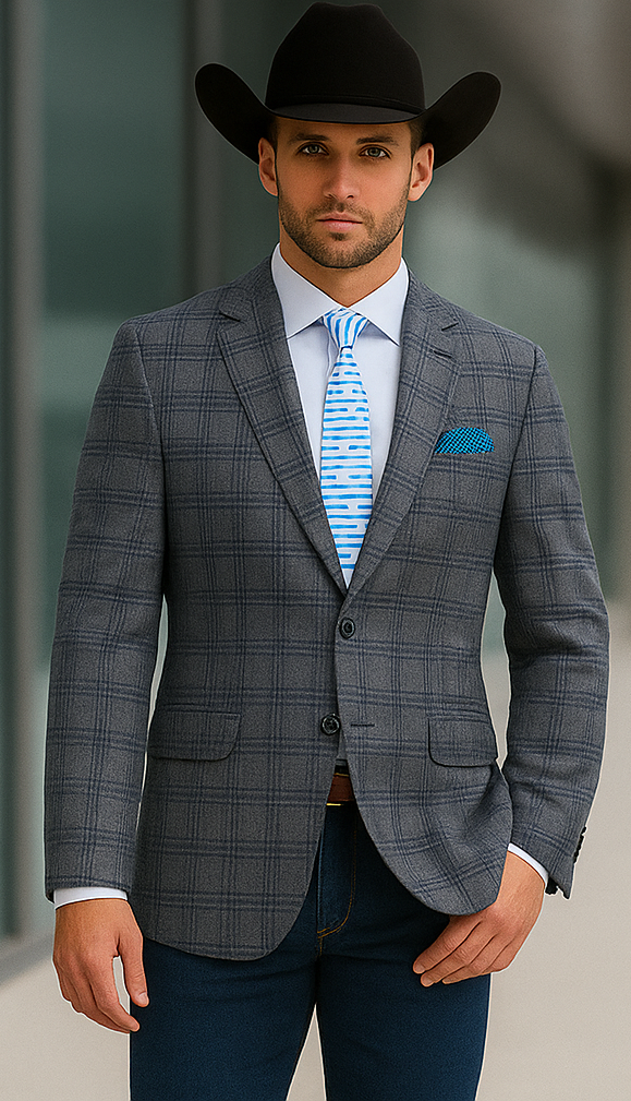 Saco vaquero - Chaqueta deportiva estilo western - Blazer estilo western - Chaqueta deportiva de corte entallado con dos botones para hombre en cuadros escoceses de color gris carbón y azul