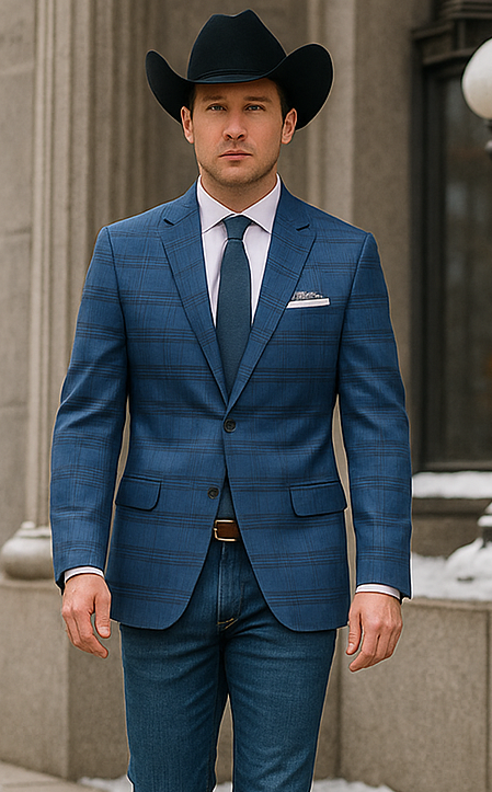 Saco vaquero - Chaqueta deportiva estilo western - Blazer estilo western - Chaqueta deportiva de corte entallado con dos botones para hombre en cuadros de ventana de color azul índigo medio