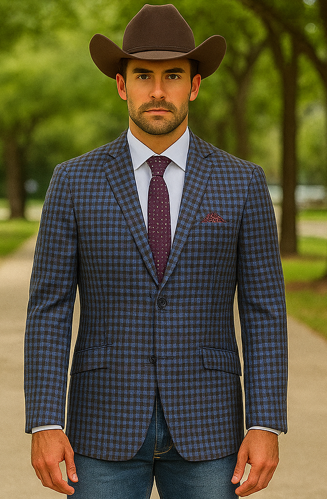 Saco vaquero - Chaqueta deportiva estilo western - Blazer estilo western - Chaqueta deportiva de lana de corte ajustado con dos botones para hombre en cuadros mini azul marino y burdeos