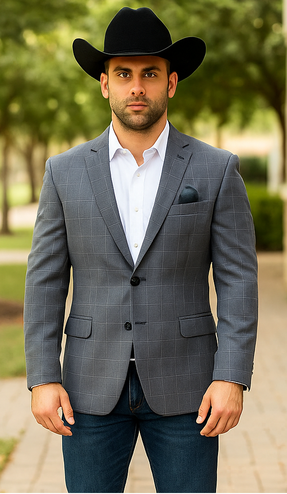 Saco vaquero - Western Sport Coat - Western Blazer - Men's Two Button Windowpane Plaid Blue Sport Coat