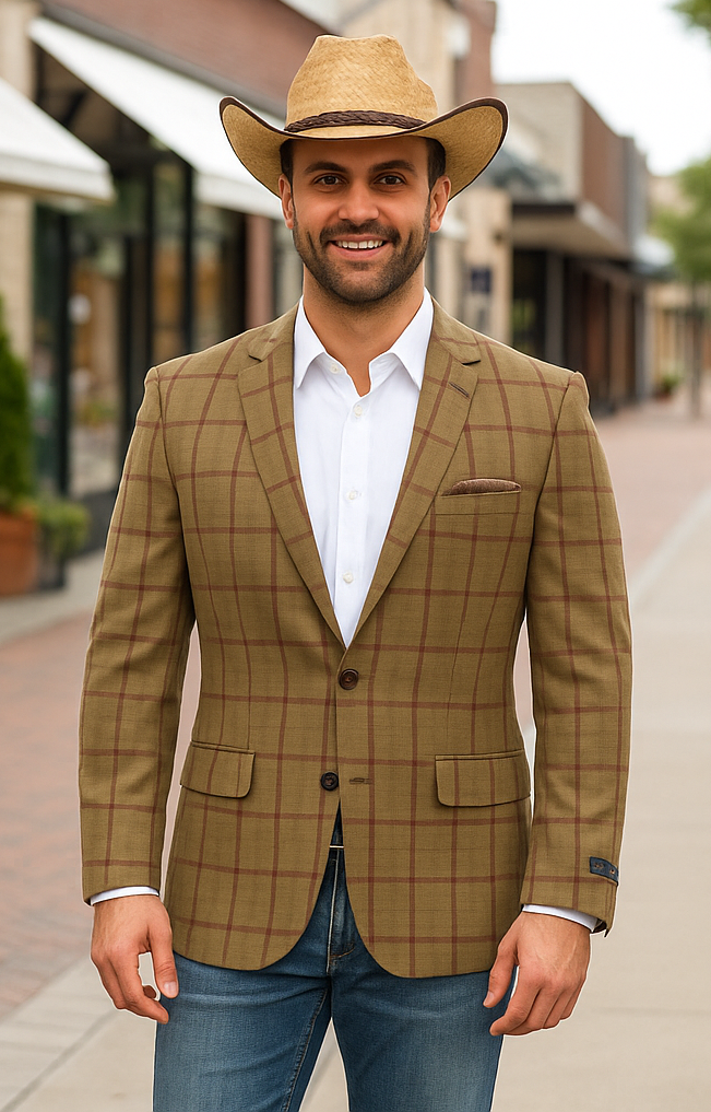 Saco vaquero - Western Sport Coat - Western Blazer - Chaqueta deportiva de cuadros escoceses con dos botones y estilo bronce para hombre