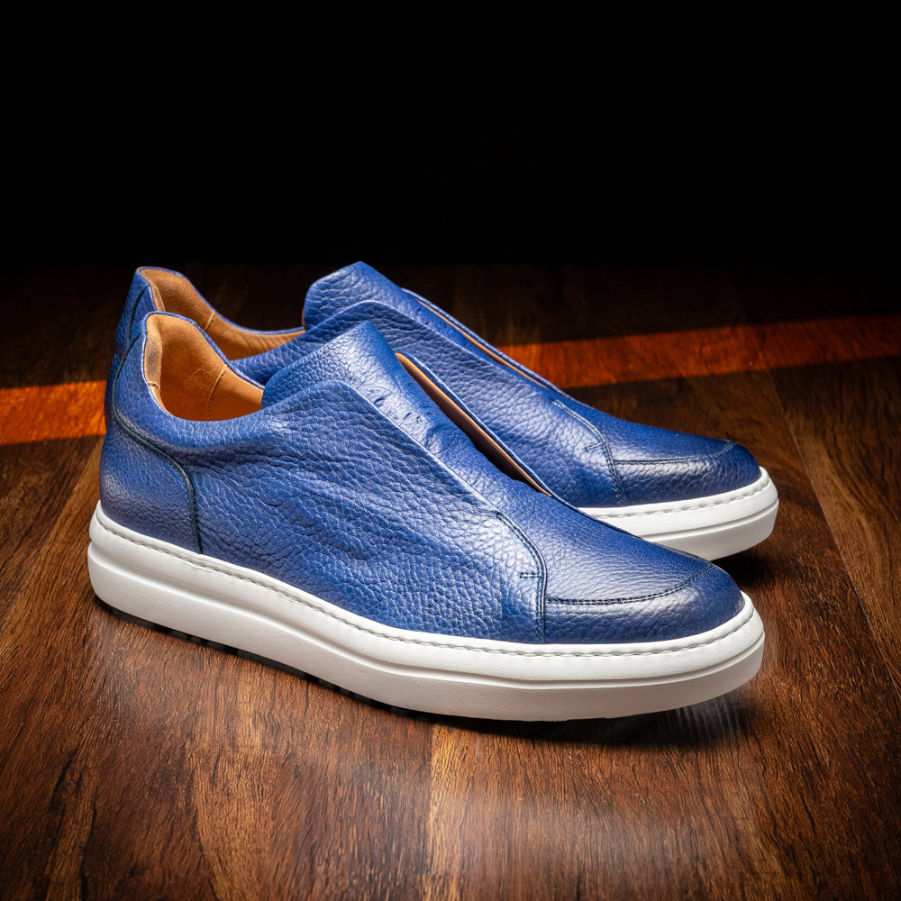 Zelli Spettacolare Pebble Grain Calfskin & Suede Slip-On Sneaker in Navy