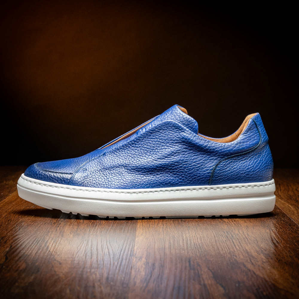 Zelli Spettacolare Pebble Grain Calfskin & Suede Slip-On Sneaker in Navy