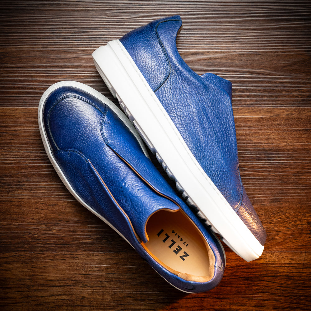 Zelli Spettacolare Pebble Grain Calfskin & Suede Slip-On Sneaker in Navy