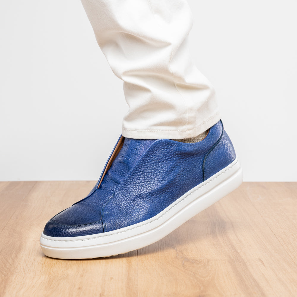 Zelli Spettacolare Pebble Grain Calfskin & Suede Slip-On Sneaker in Navy