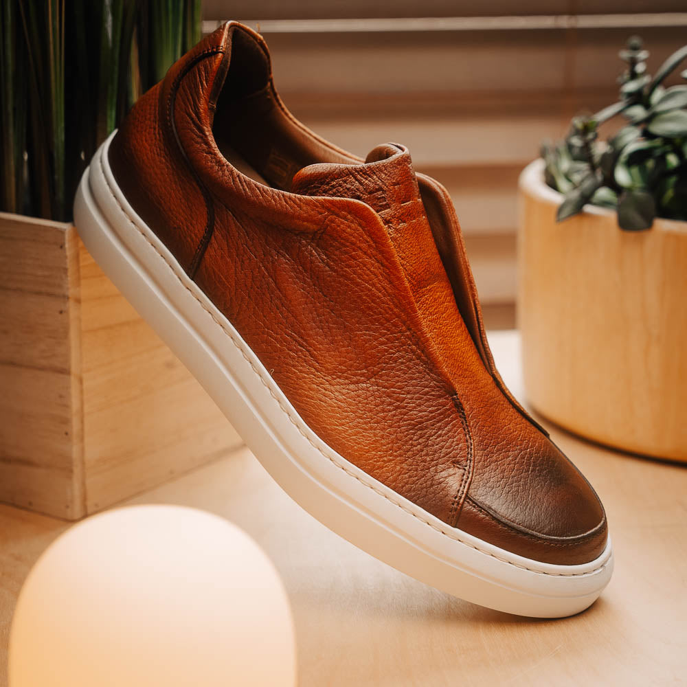 Zelli Spettacolare Pebble Grain Slip-On Sneaker in Cognac