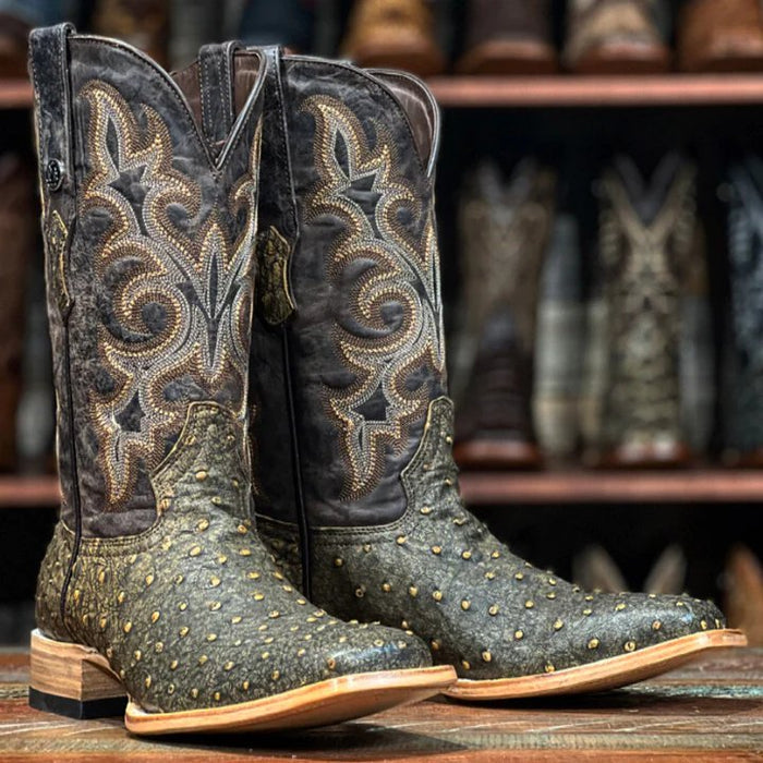 Botas de piel de avestruz con punta cuadrada y punta completa auténticas para hombre de Tanner Mark, estilo antiguo, de cuero de vaca de calidad superior