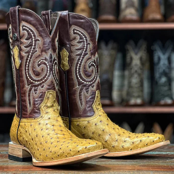 Botas de piel de avestruz con punta cuadrada y pluma auténtica para hombre de Tanner Mark, estilo antiguo