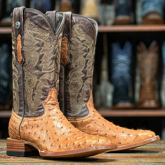 Botas de piel de avestruz con punta cuadrada y pluma auténtica para hombre de Tanner Mark Brandy