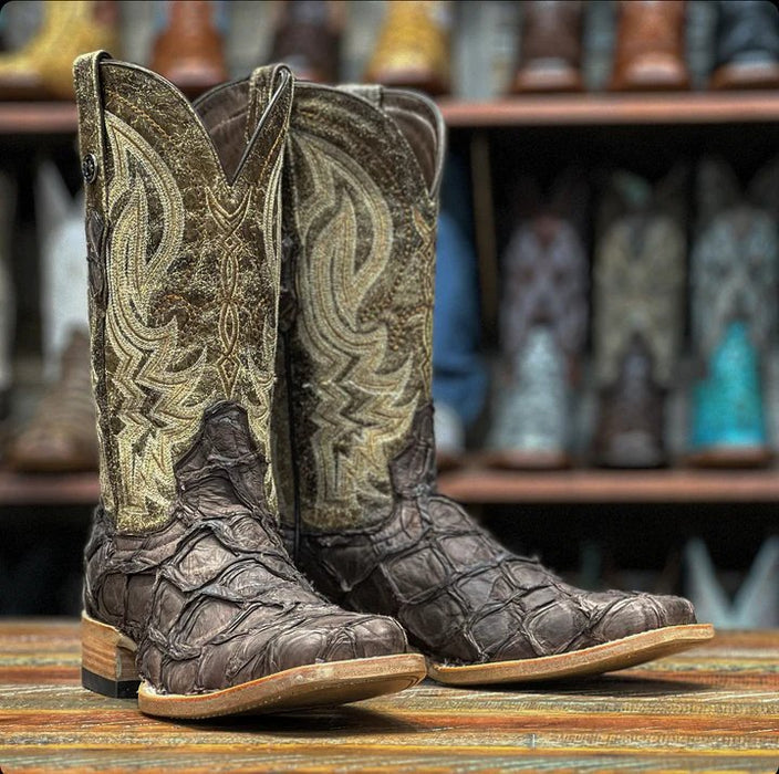 Men's Caiman Belly Print Dubai Toe Leather Boots - Chocolate