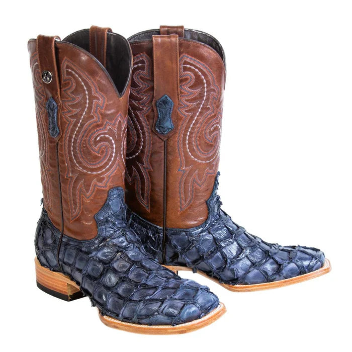 Men's Genuine Monster Fish Square Toe Boots Navy Blue