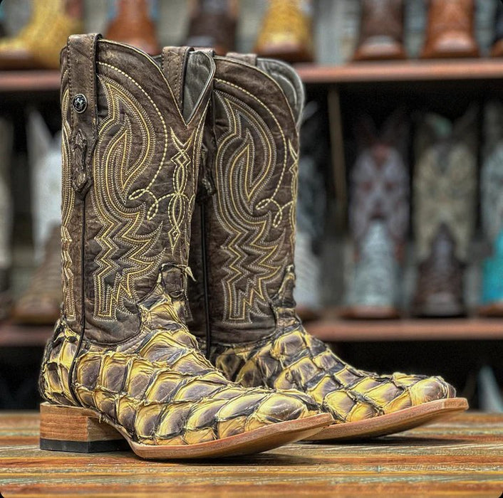 Botas de punta cuadrada Monster Fish genuinas para hombre de Tanner Mark en beige tostado mate