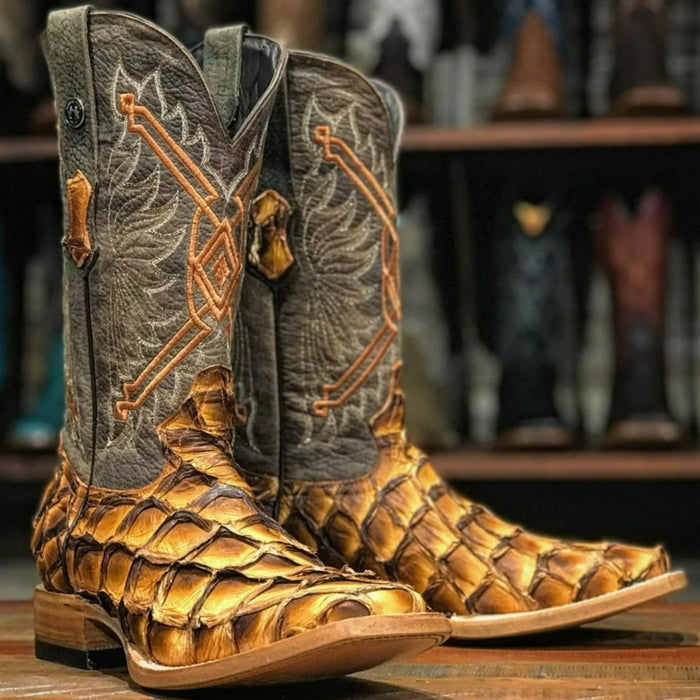 Men's Genuine Monster Leather Fish Square Toe Boots Brandy