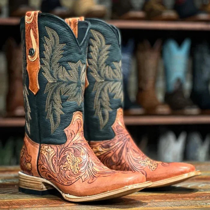 Men's Hand Tooled Square Toe Boots Cognac