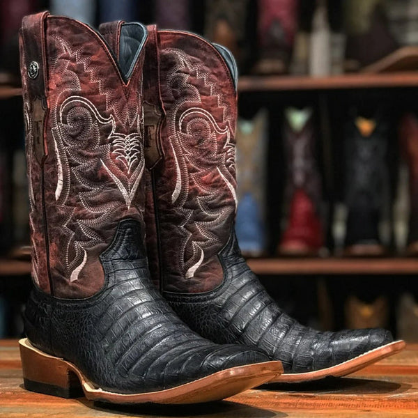 Caiman Square Toe Boots - Tanner Mark Men's Print Caiman Tail Square Toe Boots Oryx