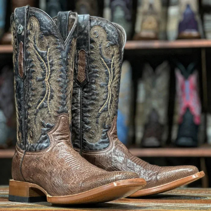 Botas de piel de avestruz auténtica Poteet con punta cuadrada y suela lisa de Tanner Mark para hombre, color marrón