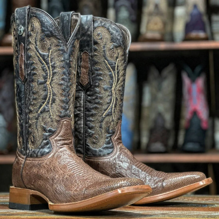 Botas de piel de avestruz auténtica Bexar con punta cuadrada y suela lisa de Tanner Mark para hombre, color negro