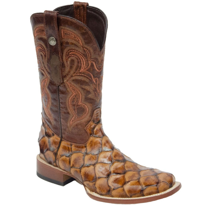 Men's Print Monster Fish Square Toe Boots Cognac