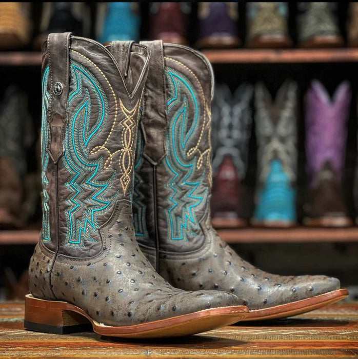 Botas de punta cuadrada con estampado de avestruz para hombre de Tanner Mark, en rojo y negro