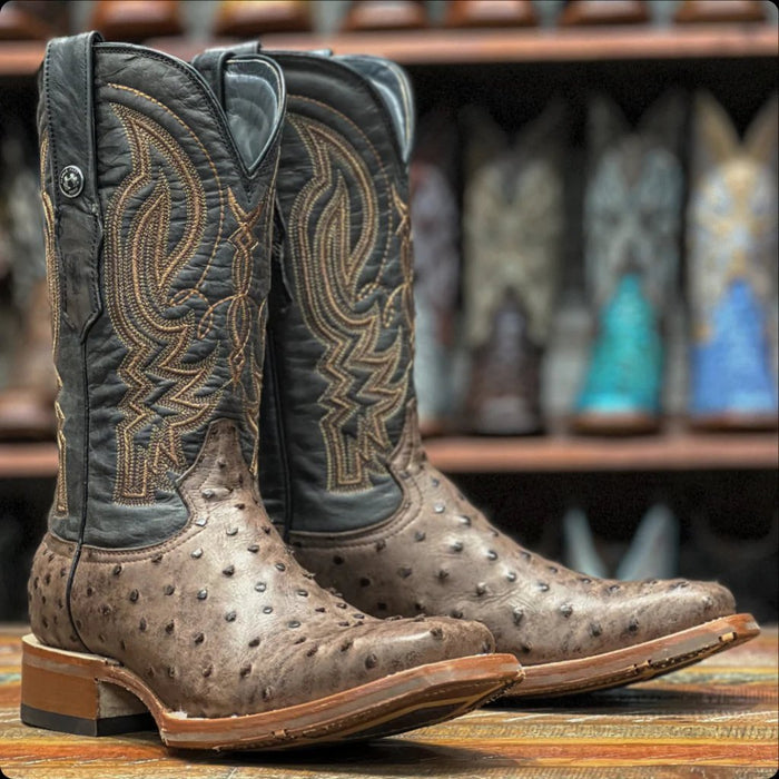 Men's Print Ostrich Square Toe Boots Antique Saddle