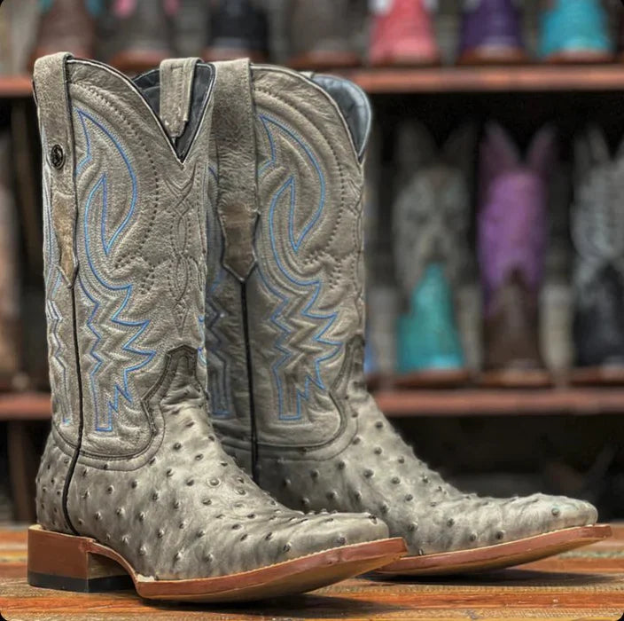 Botas de punta cuadrada con estampado de avestruz para hombre de Tanner Mark en gris y negro