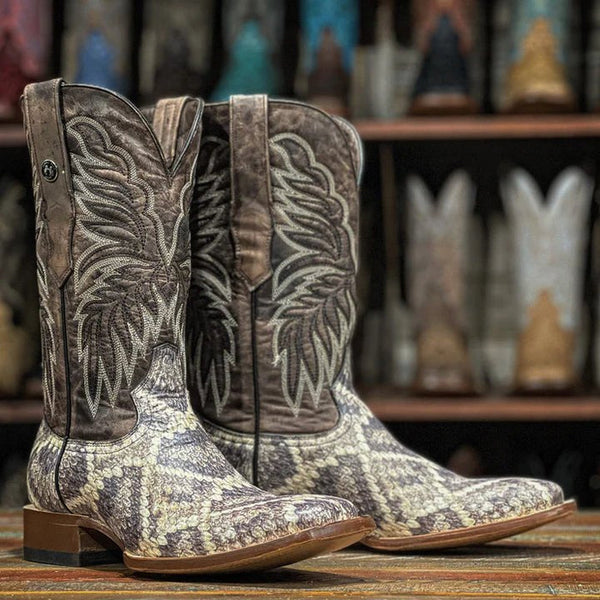 Rattlesnake Cowboy Boots - Men's Rattlesnake Print Square Toe Boots Natural